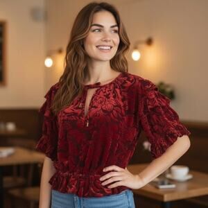 Free People Red Velvet Peasant Top Sz M Boho Whimsigoth Blouse Puff Sleeve Indie
